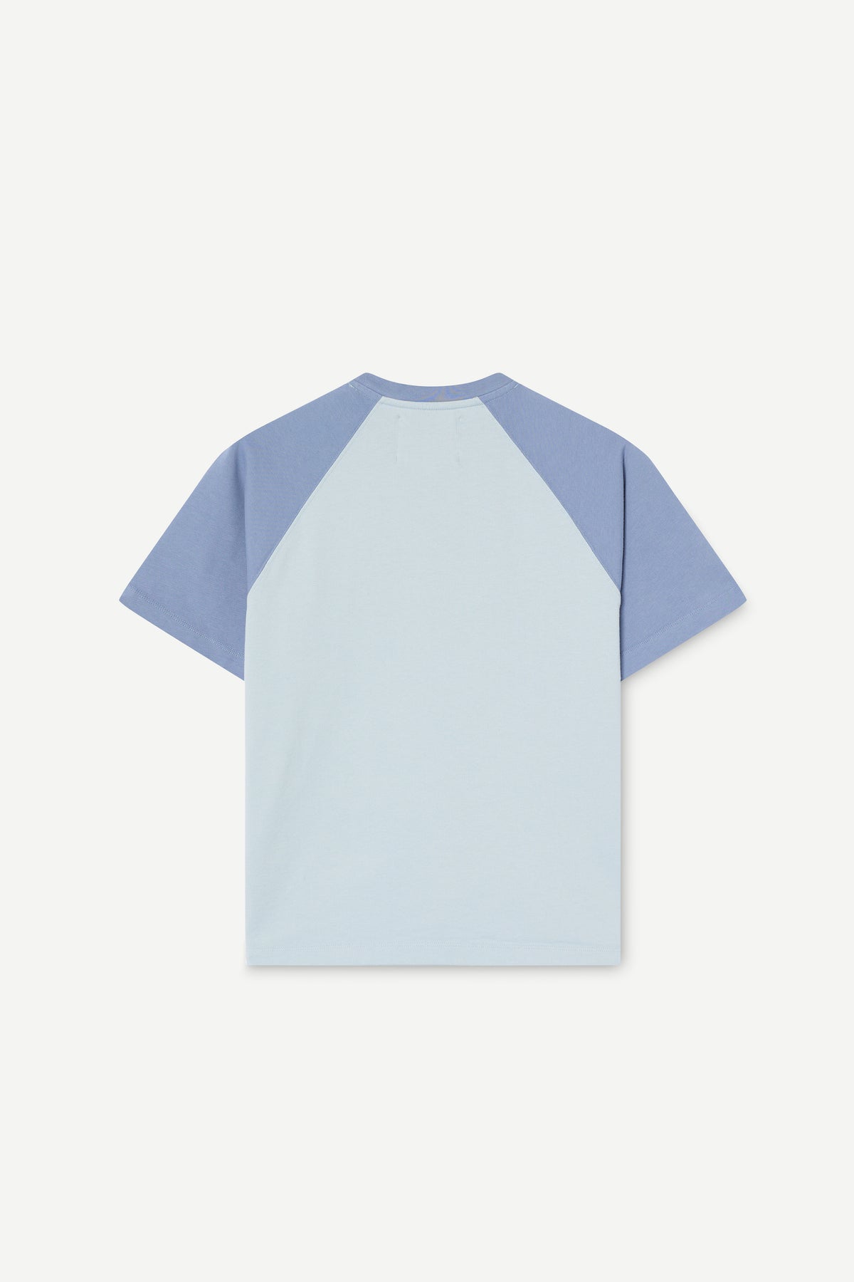 A short-sleeve raglan t-shirt shown from the back, featuring a light blue body and contrasting medium blue sleeves and collar, displayed on a clean off-white background.