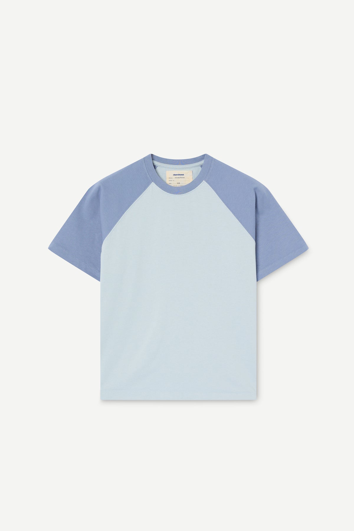 A short-sleeve raglan t-shirt with a light blue body and dusty blue sleeves, displayed flat against a light gray background.