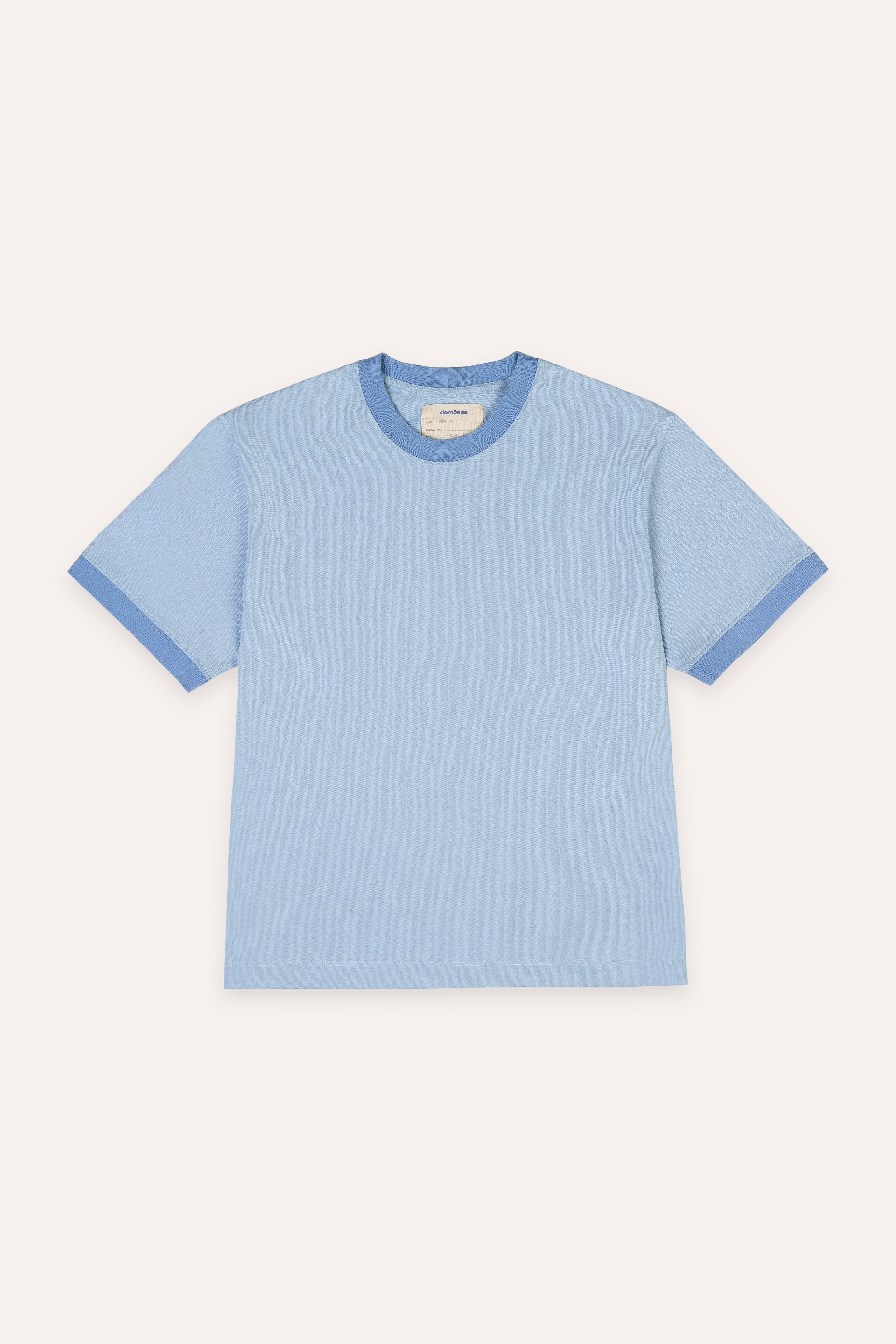 Light blue t-shirt with contrast blue ribs on a white background