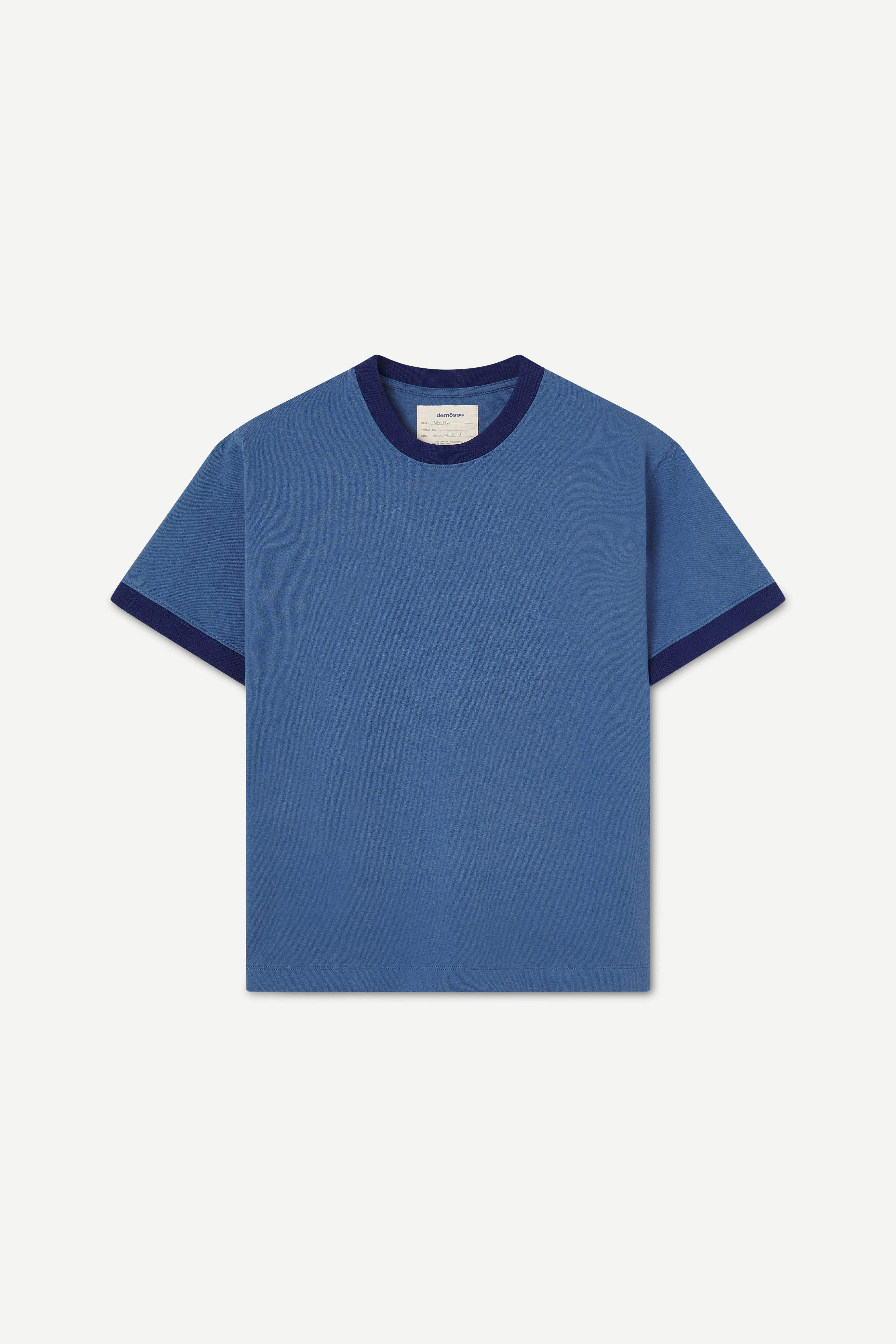 front view of a navy t-shirt with contrast collar and arm ribs