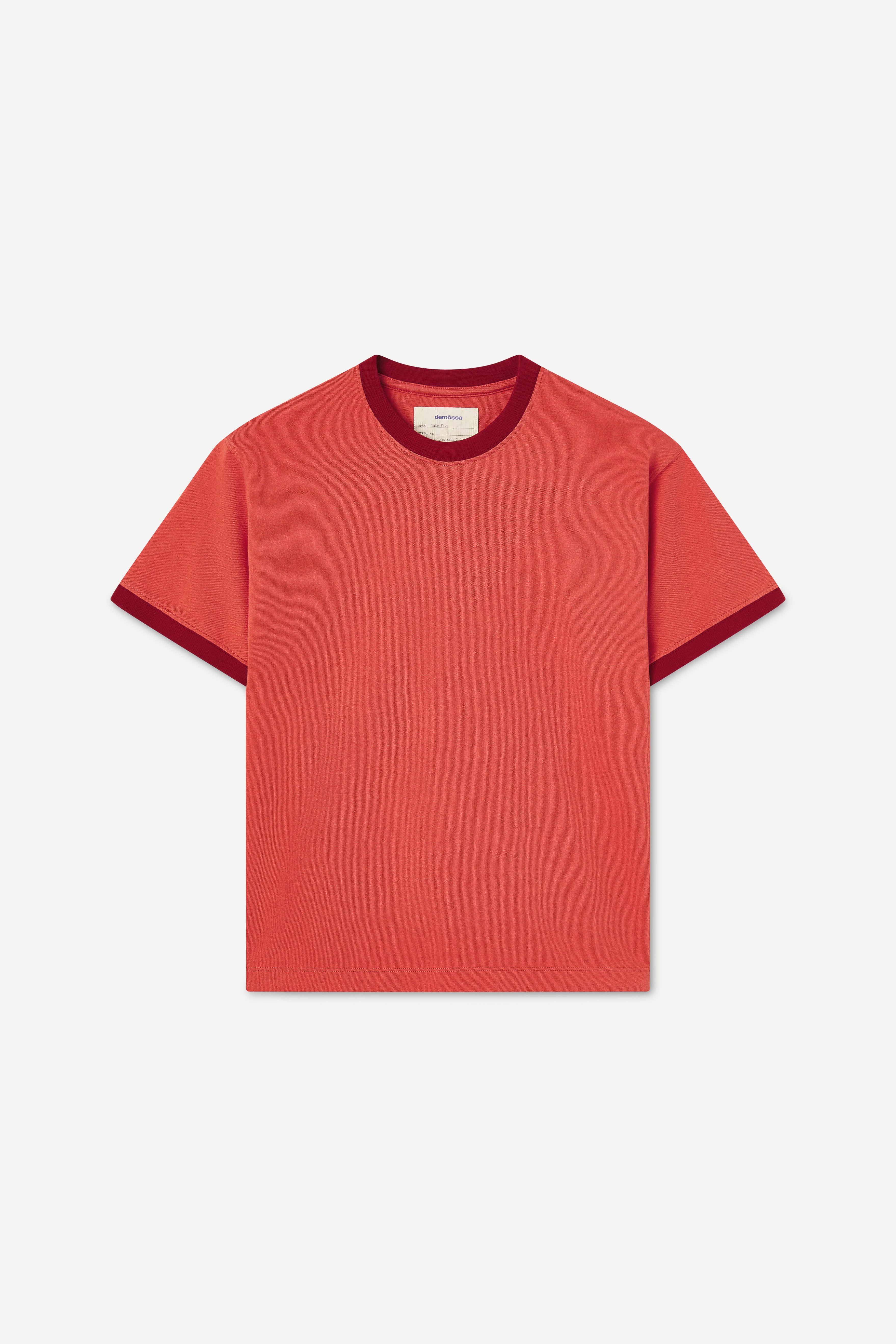 front view of a red t-shirt with contrast collar and arm rib