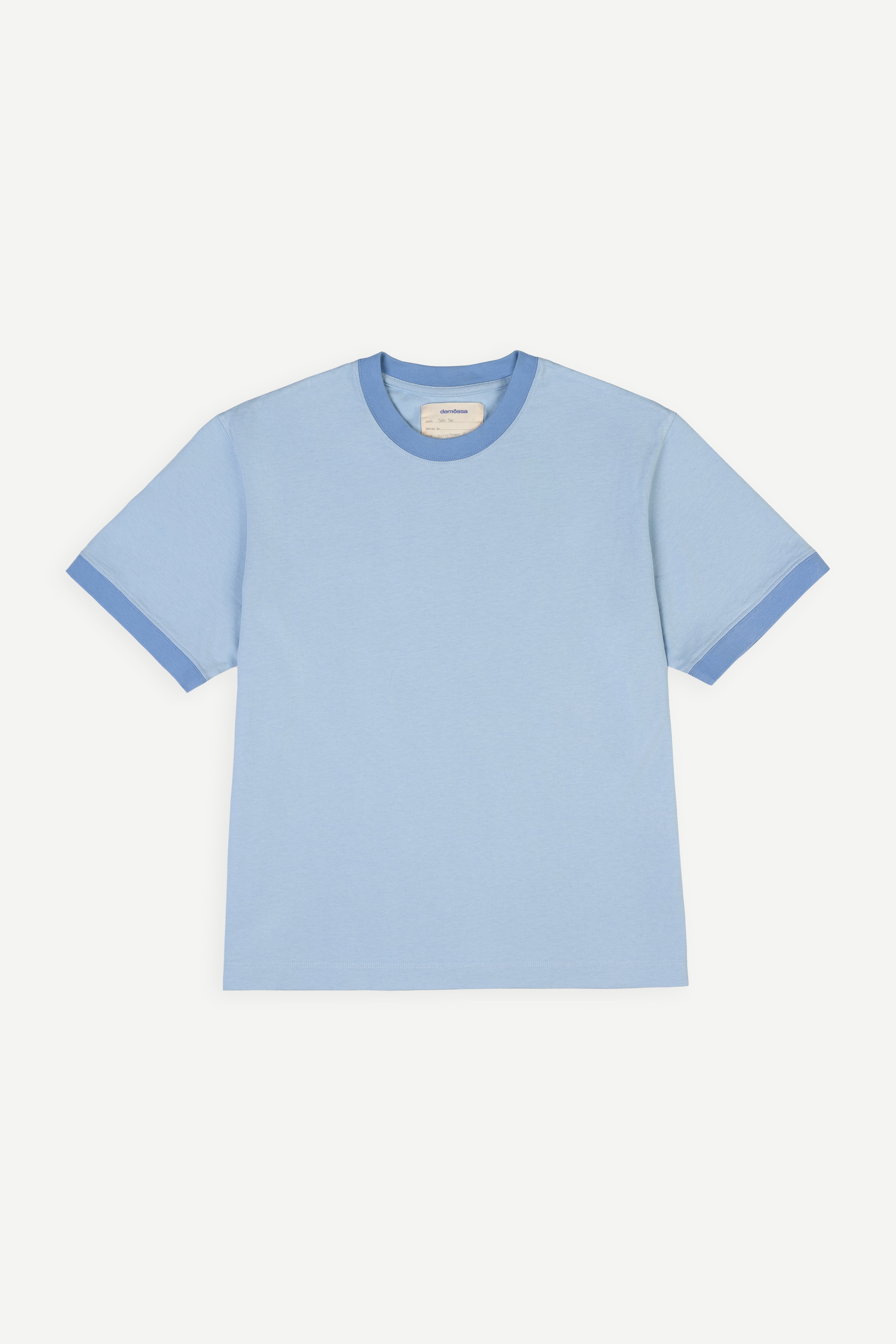 Light blue t-shirt with blue contrast ribs on a white background