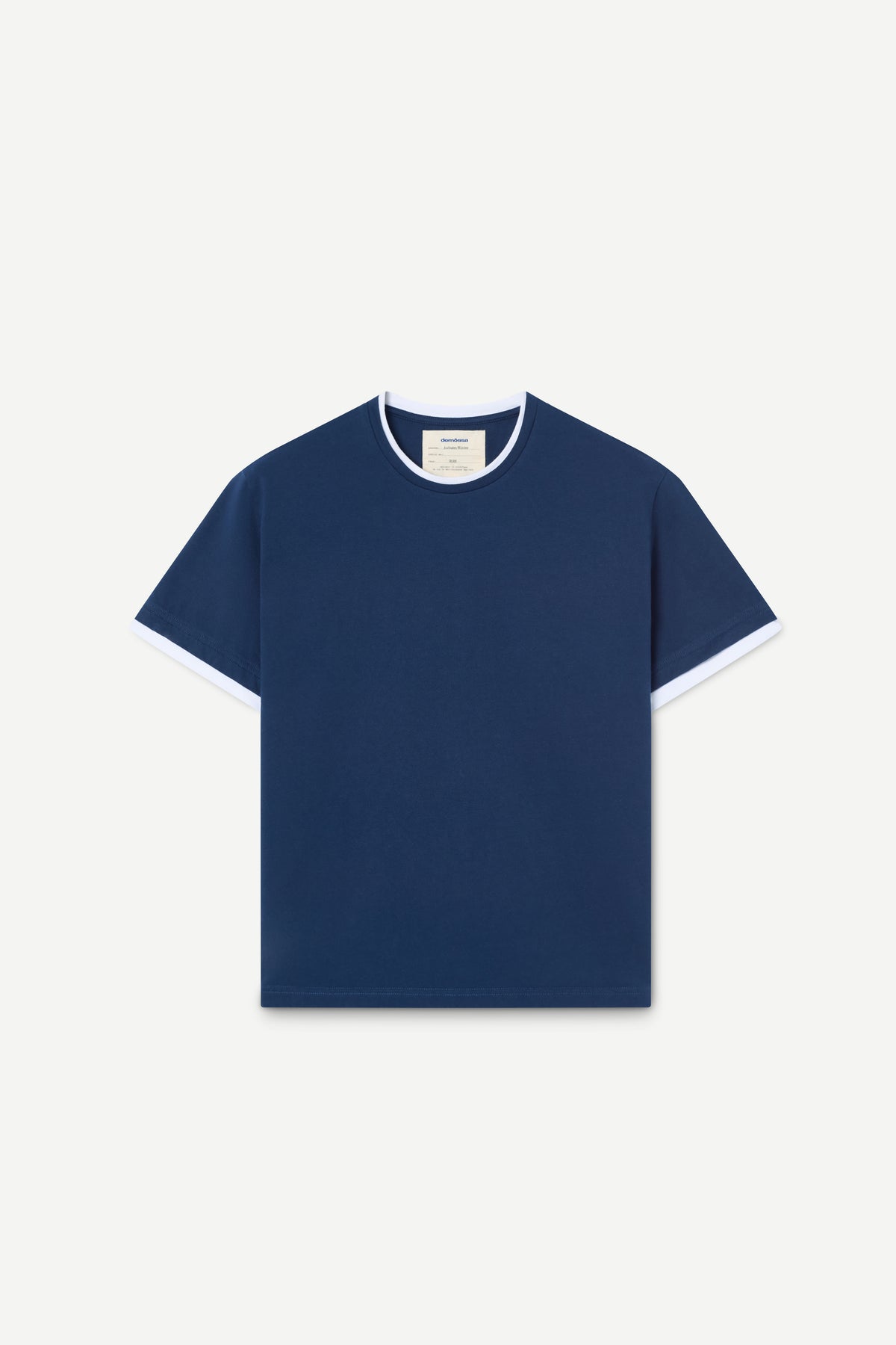 A navy blue short-sleeve t-shirt with white contrast trim on the collar and sleeve cuffs, displayed flat against a light gray background.
