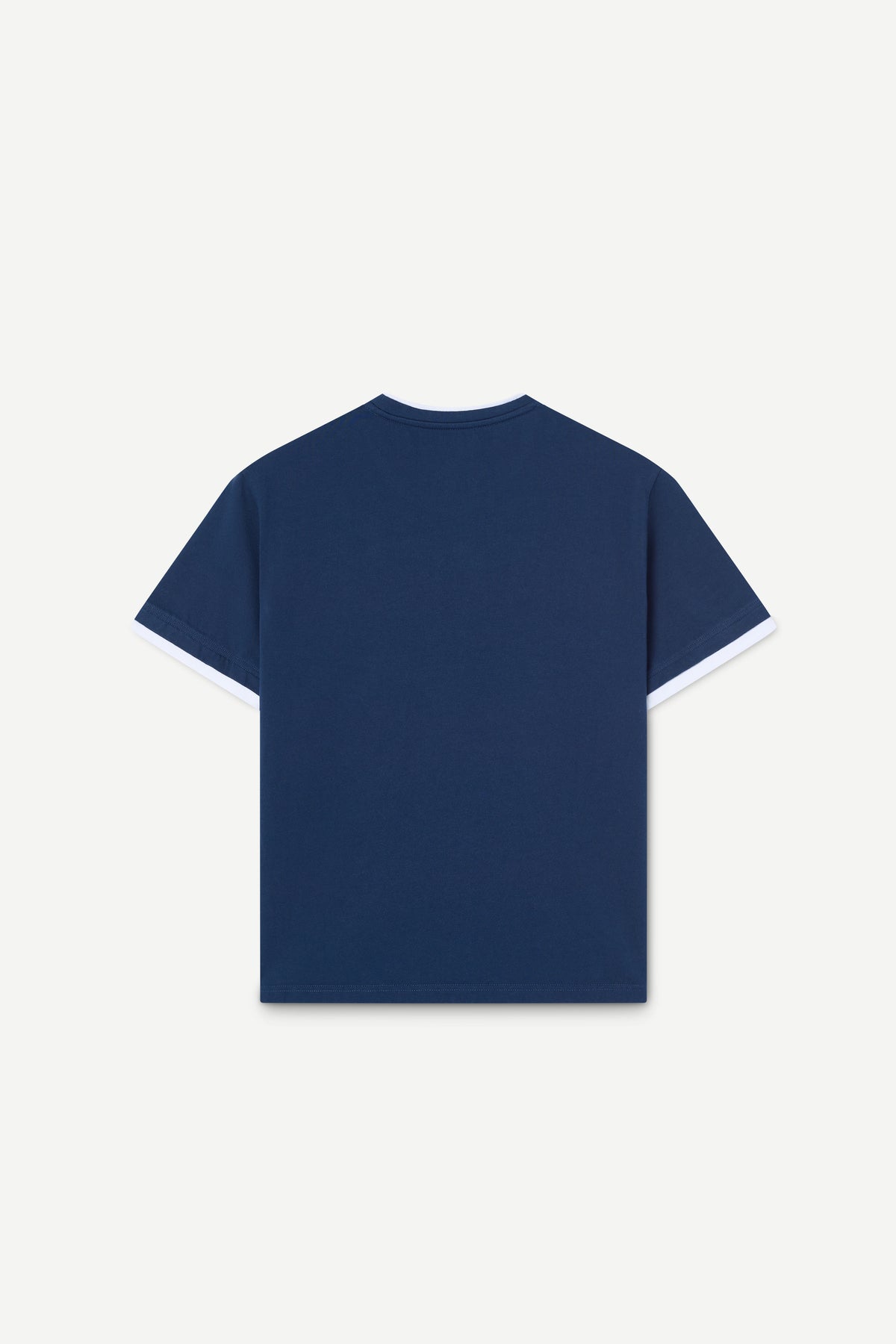 A navy blue short-sleeve t-shirt with white contrast trim on the sleeve cuffs, shown from the back against a light gray background.