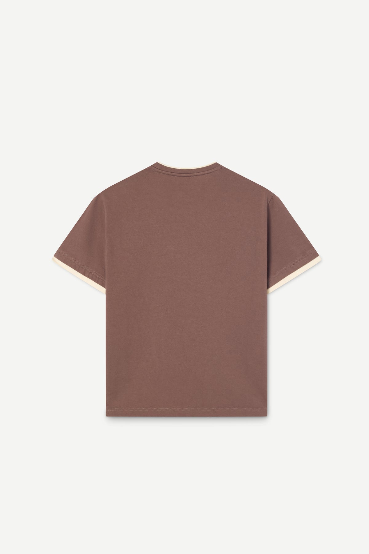 A short-sleeve crewneck t-shirt in a muted brownish-rose color, shown from the back with contrasting light beige ribbed trim on the sleeve cuffs, set against a plain off-white background.