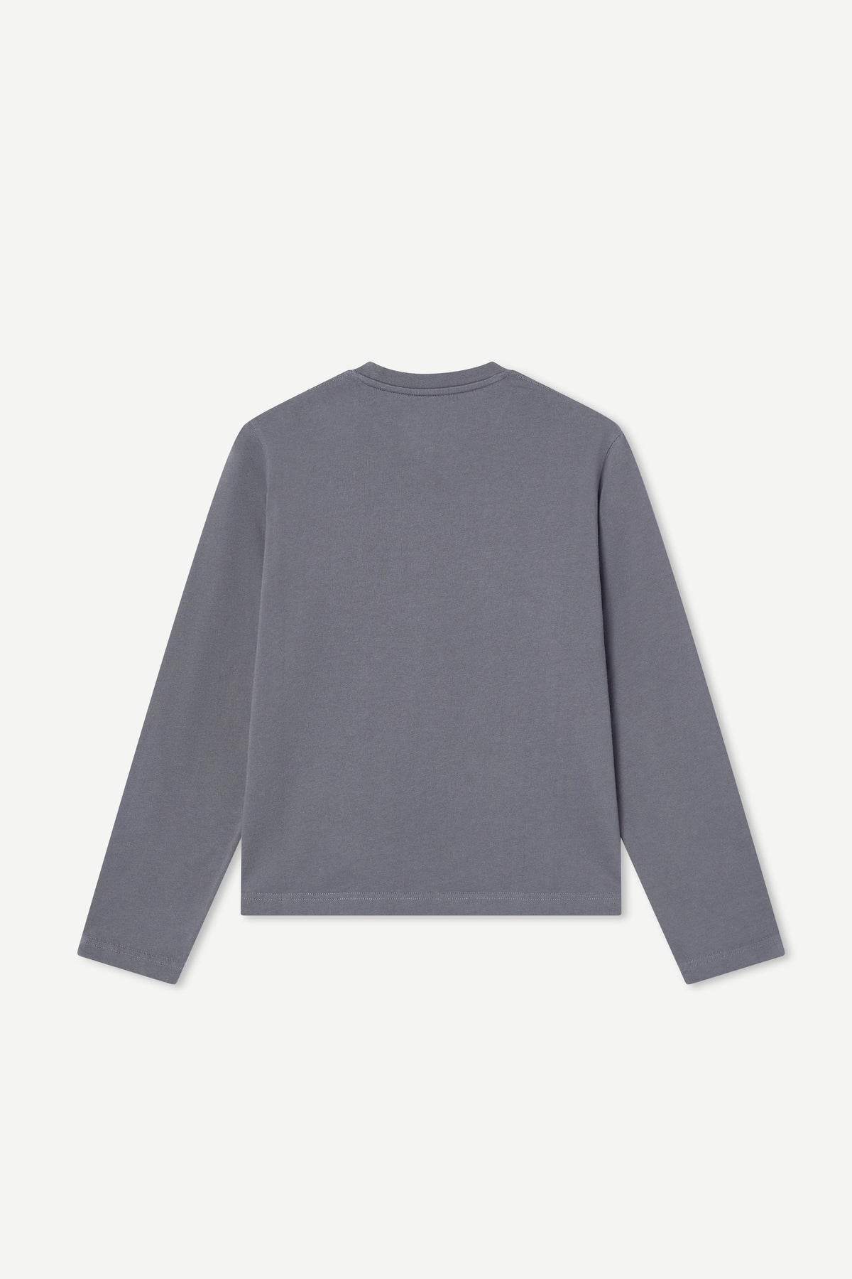 A gray long-sleeve crewneck sweatshirt shown from the back, laid flat against a light off-white background.