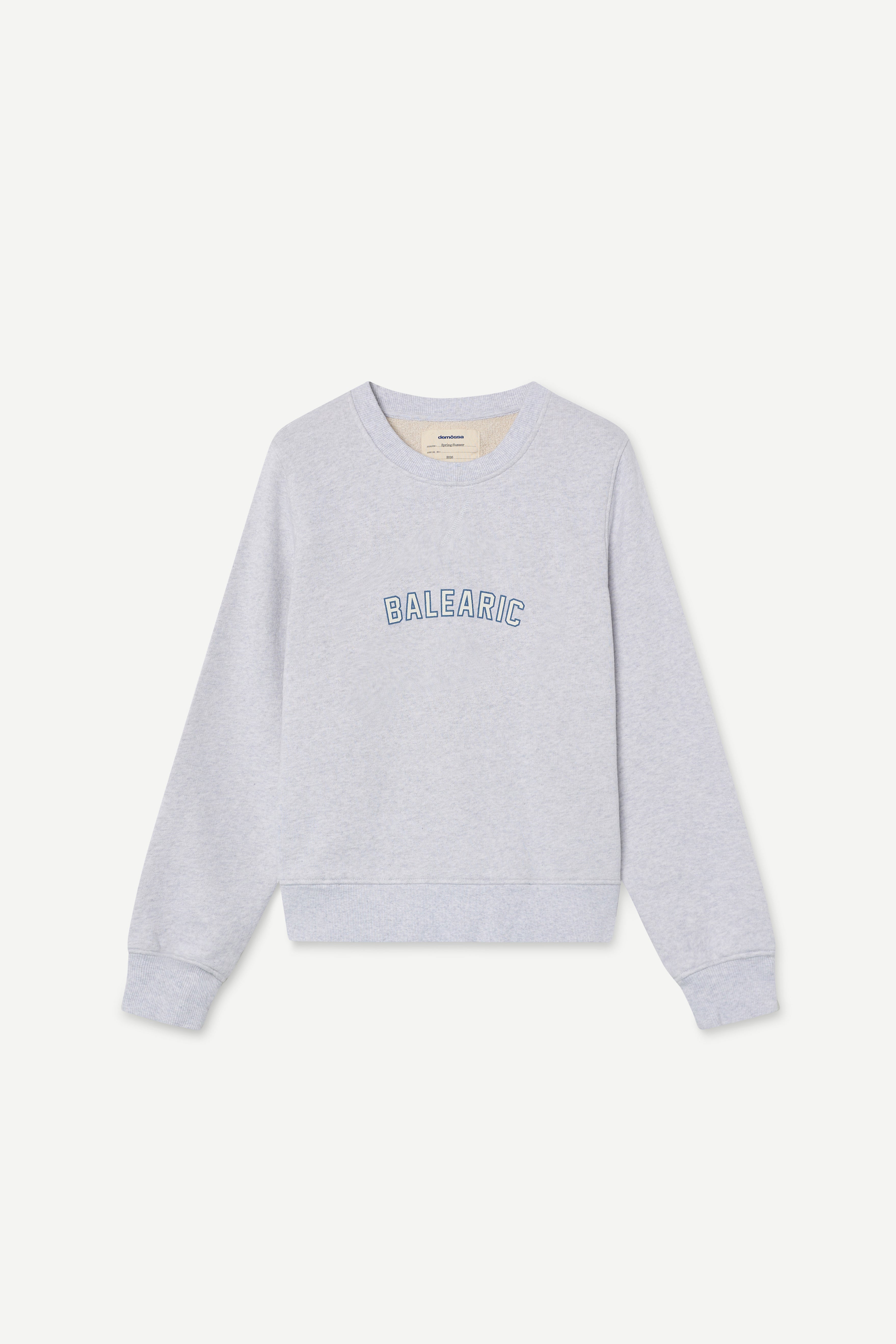 front view of a melange grey relaxed-fit sweatshirt with "Balearic" print on the chest