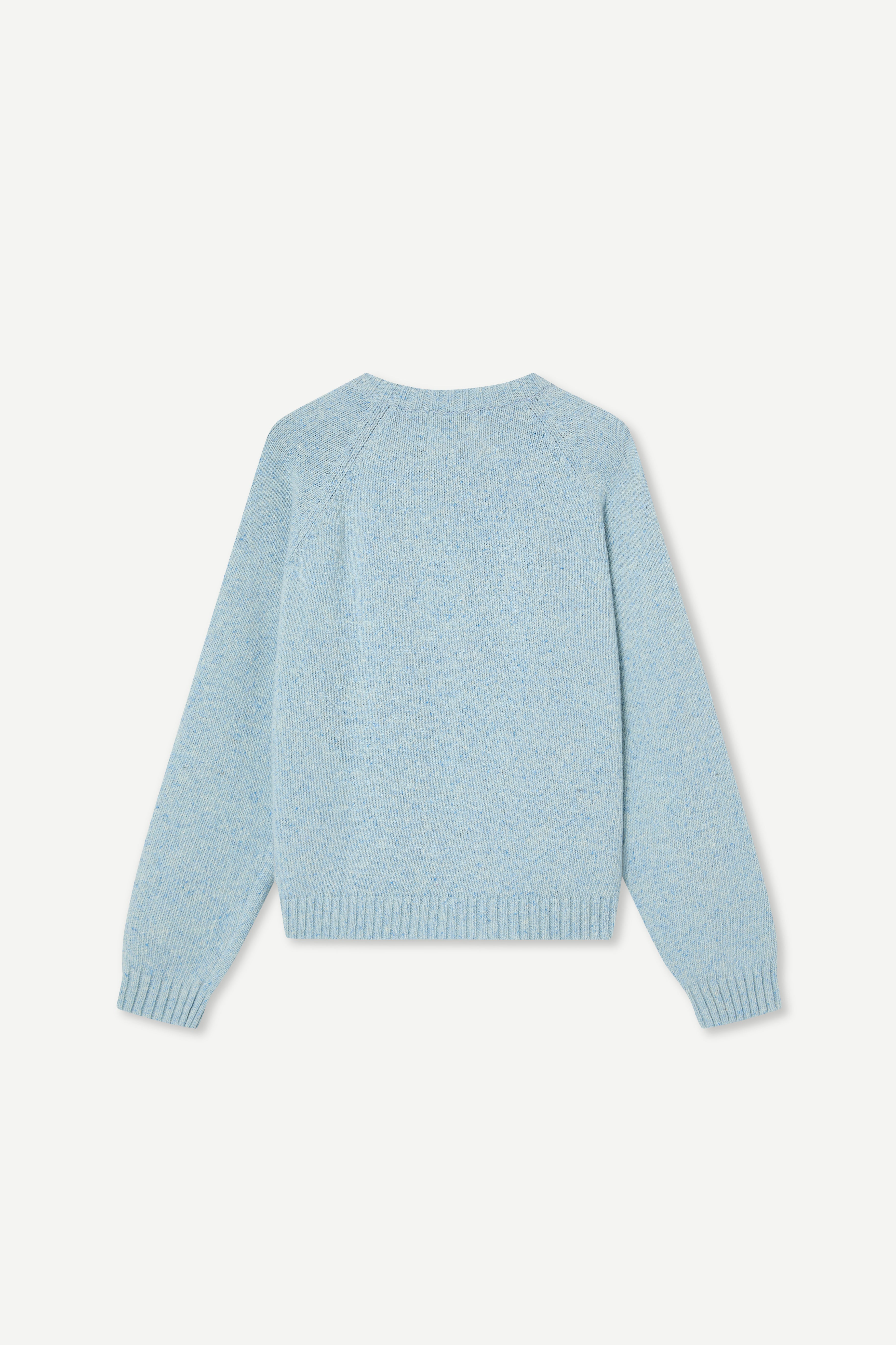 Back view of a grey sweater made from a soft blend of wool and silk