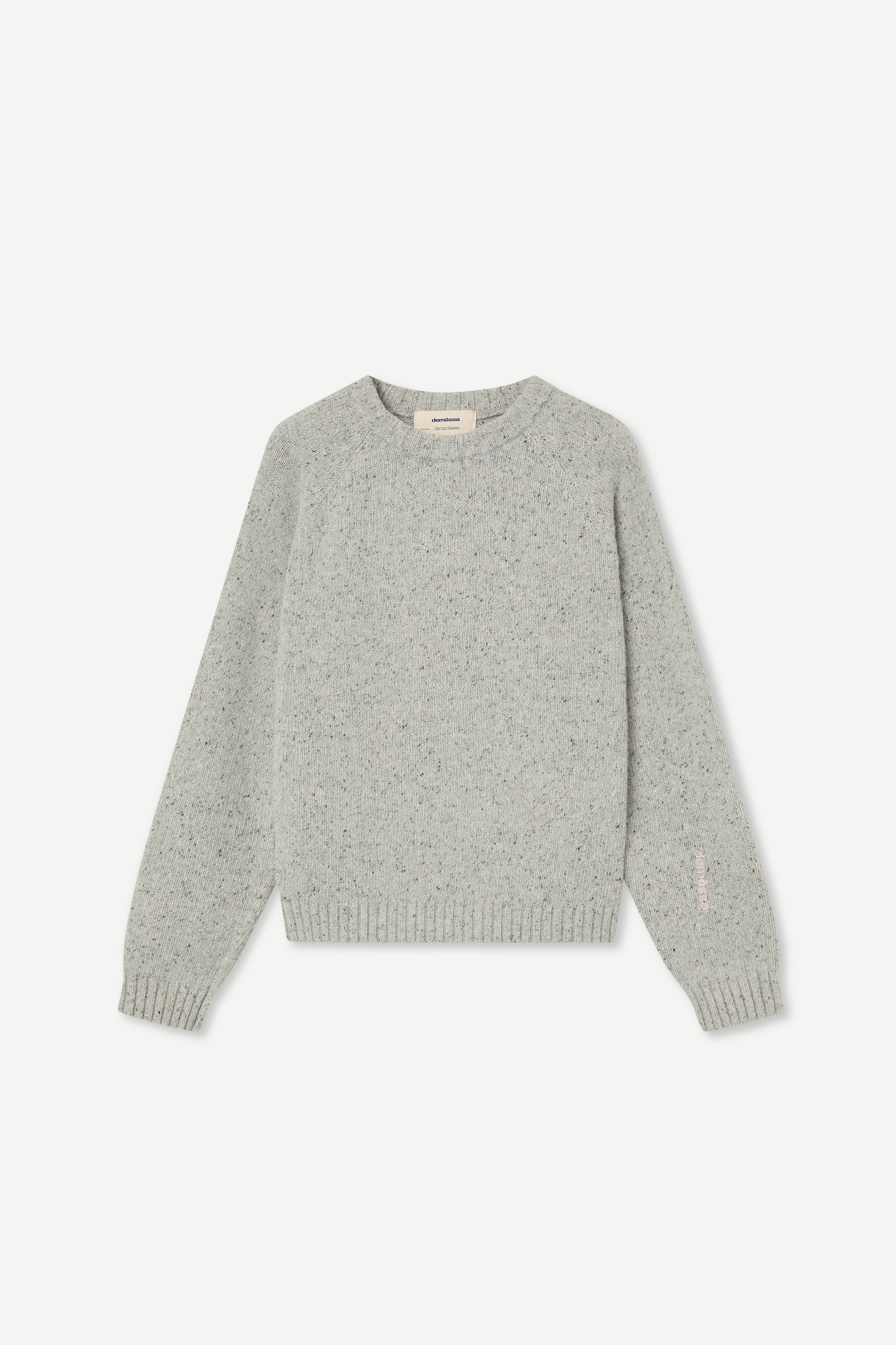 front view of a grey sweater made from a soft blend of wool and silk