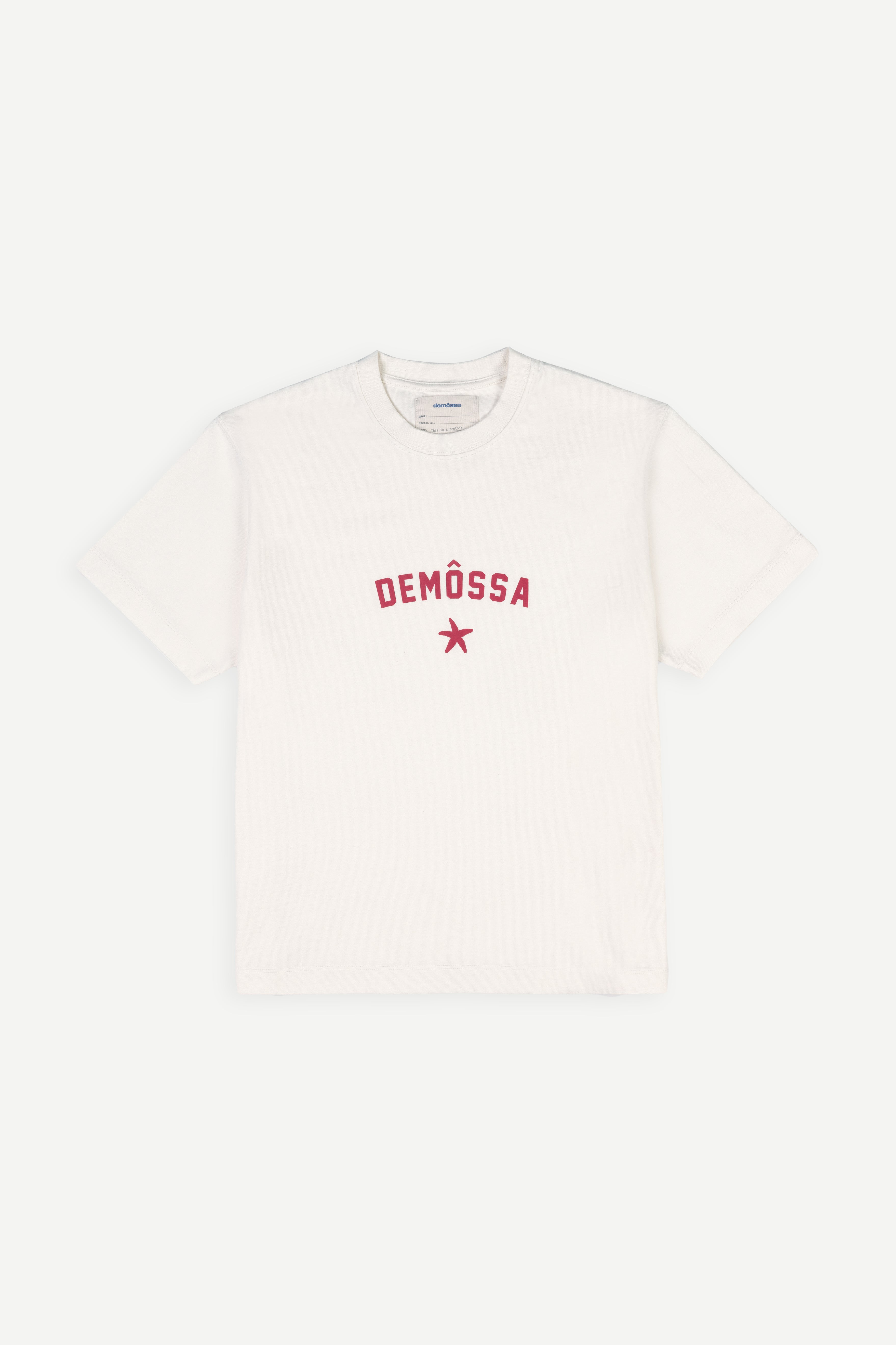 White t-shirt with red demossa logo and star on a white background