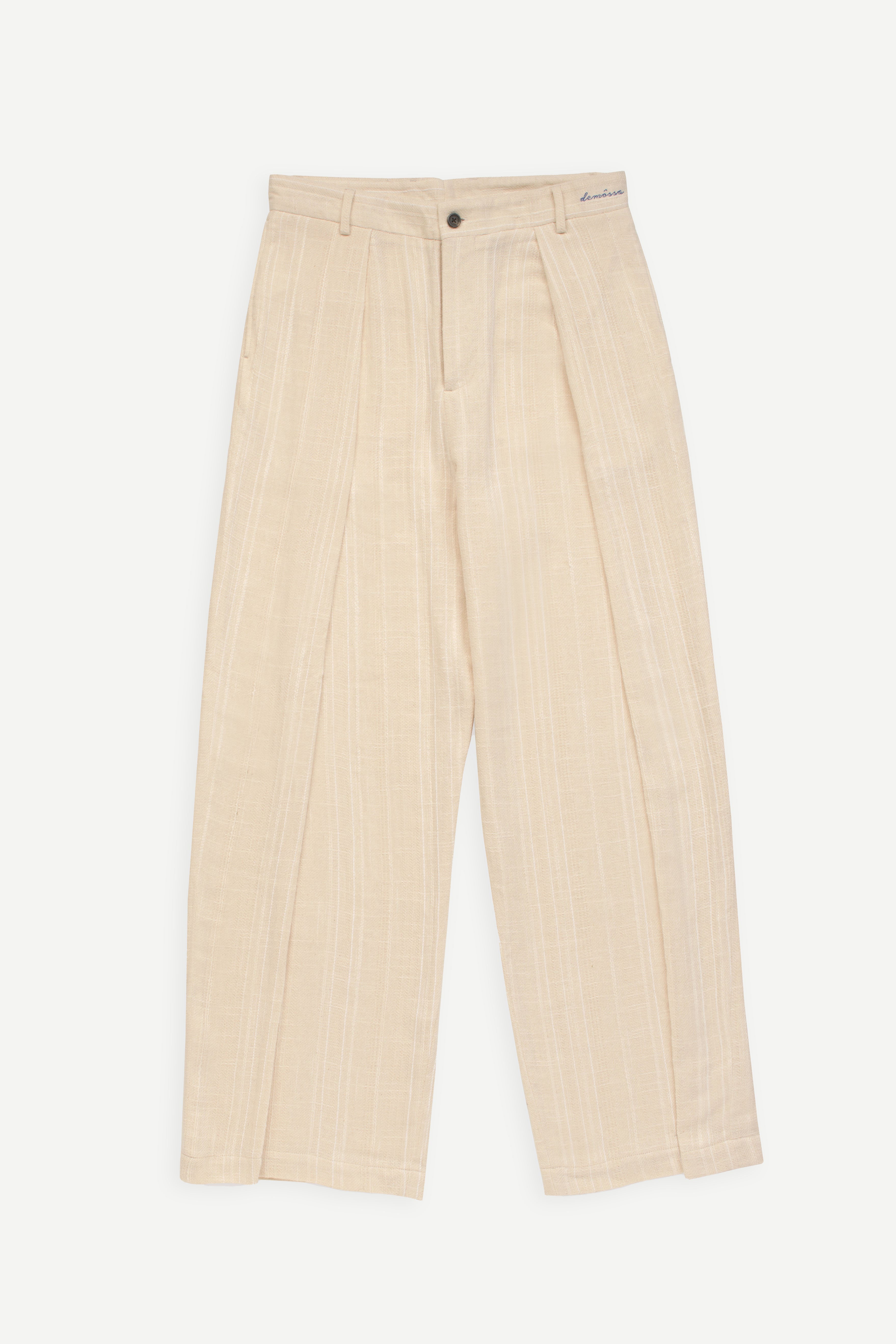 Beige cotton striped pants on a white background