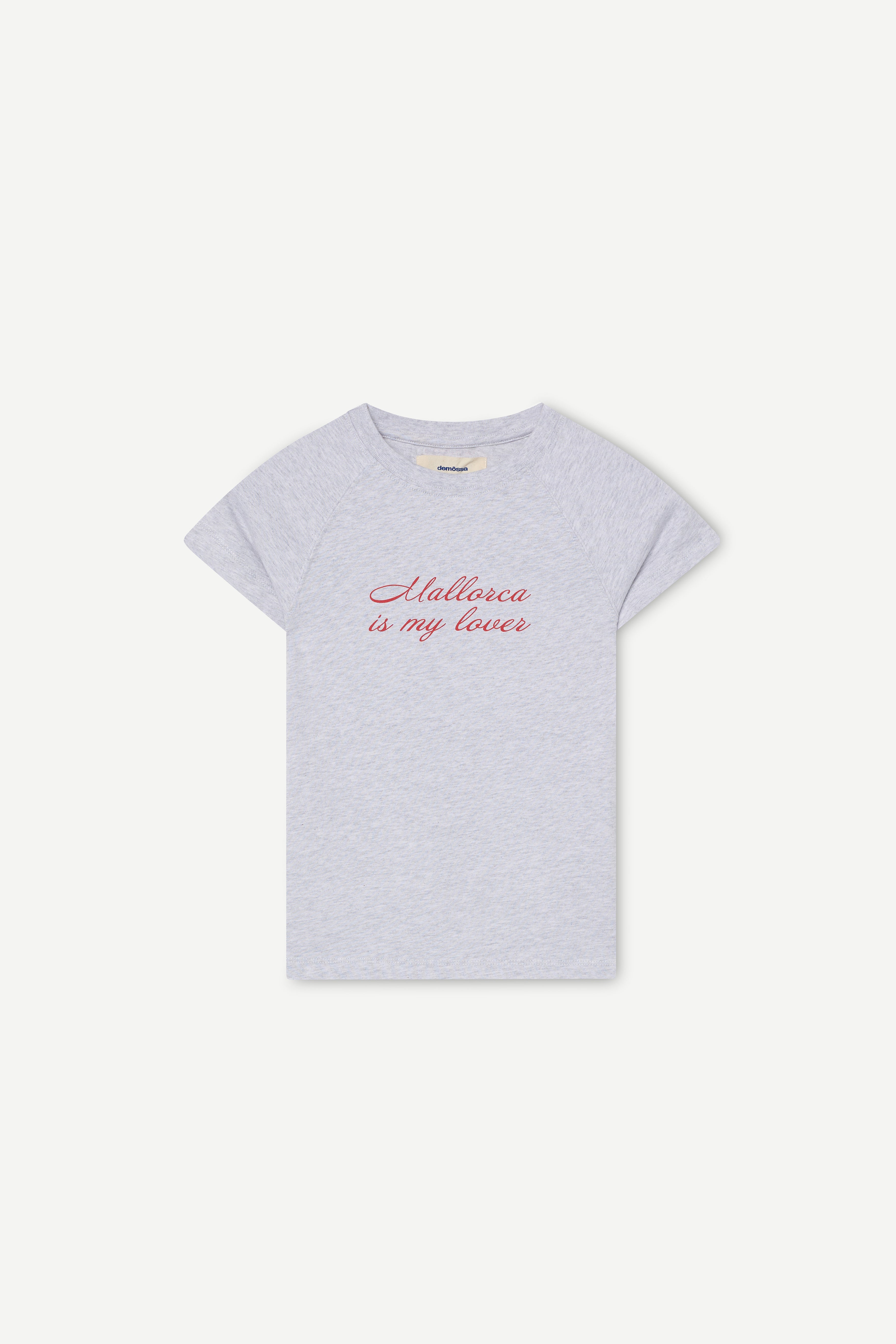 Gray t-shirt with red "mallorca is my lover" text on a white background
