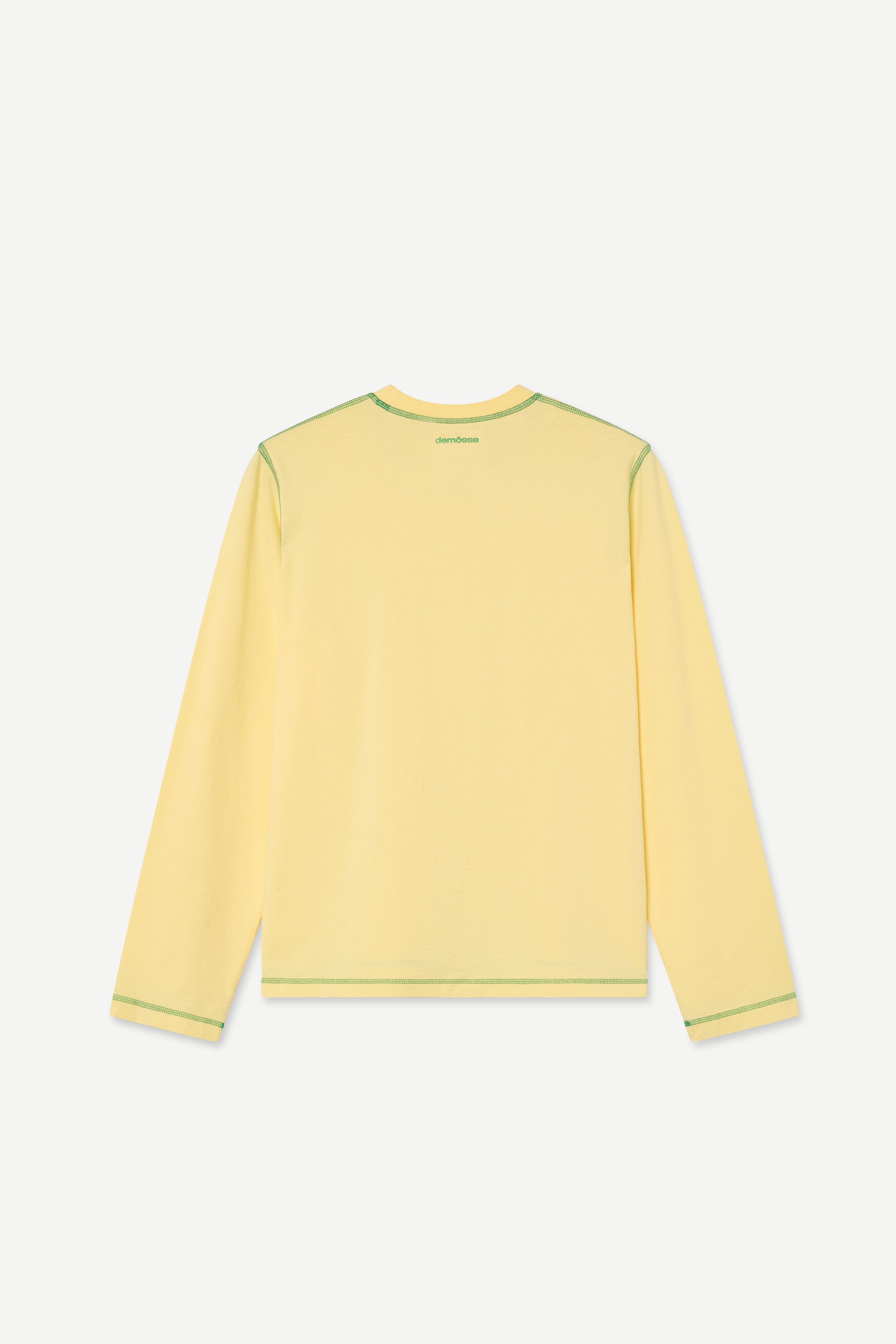 back view of a regular fit pale yellow red long-sleeved t-shirt