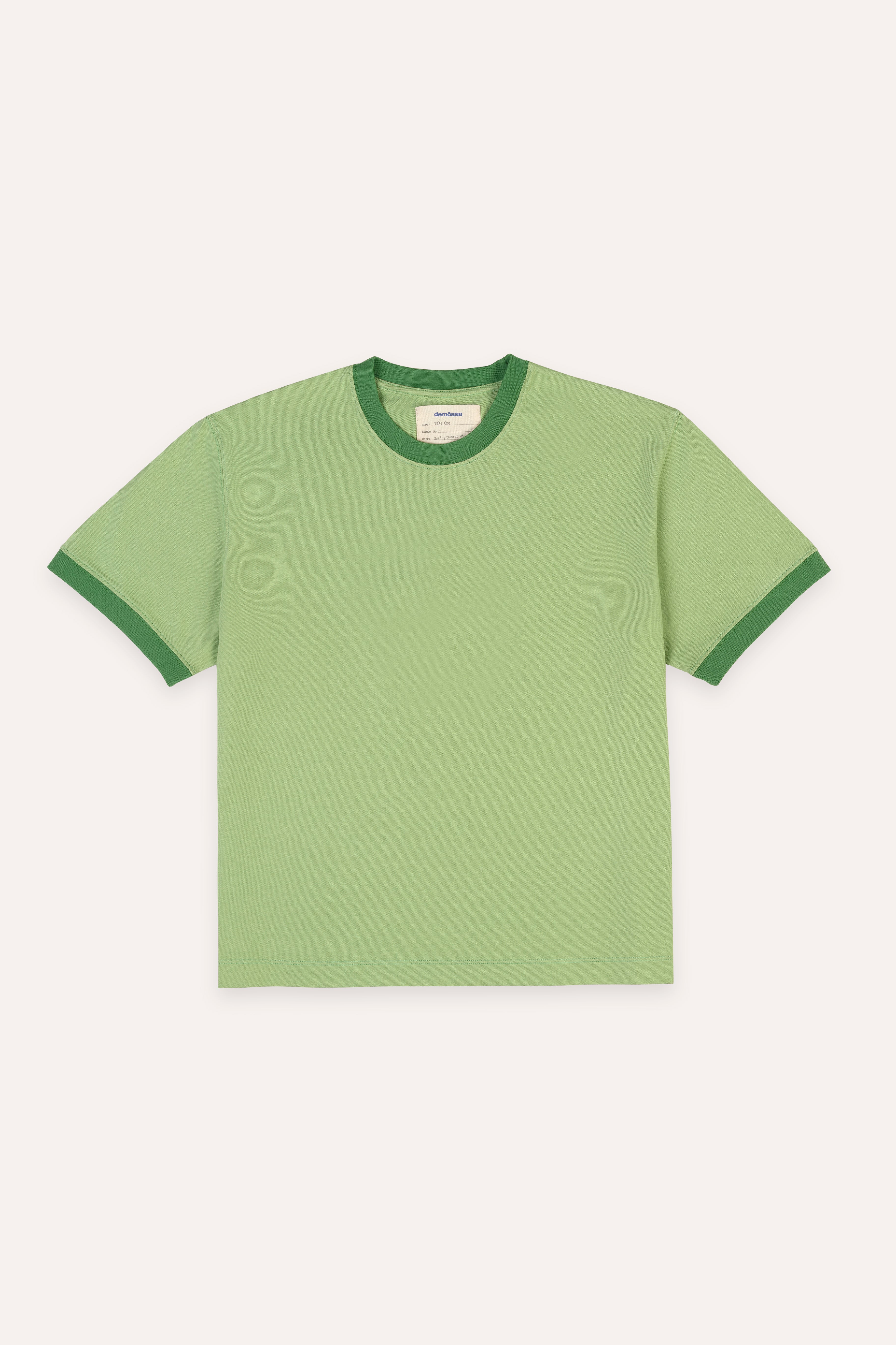 Green t-shirt with contrast ribs on a white background