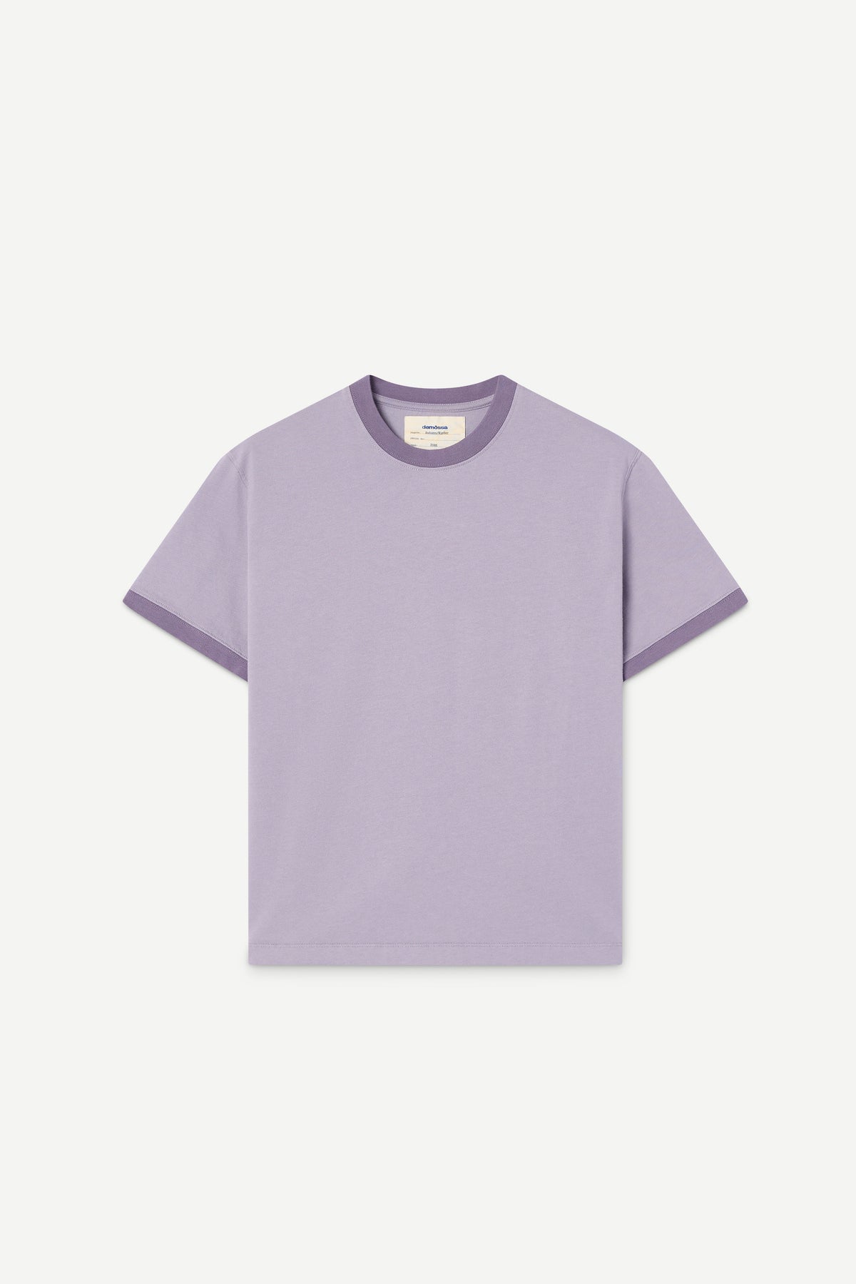 A light purple short-sleeve t-shirt with darker purple trim on the crew neck and sleeve cuffs, displayed flat against a light gray background.