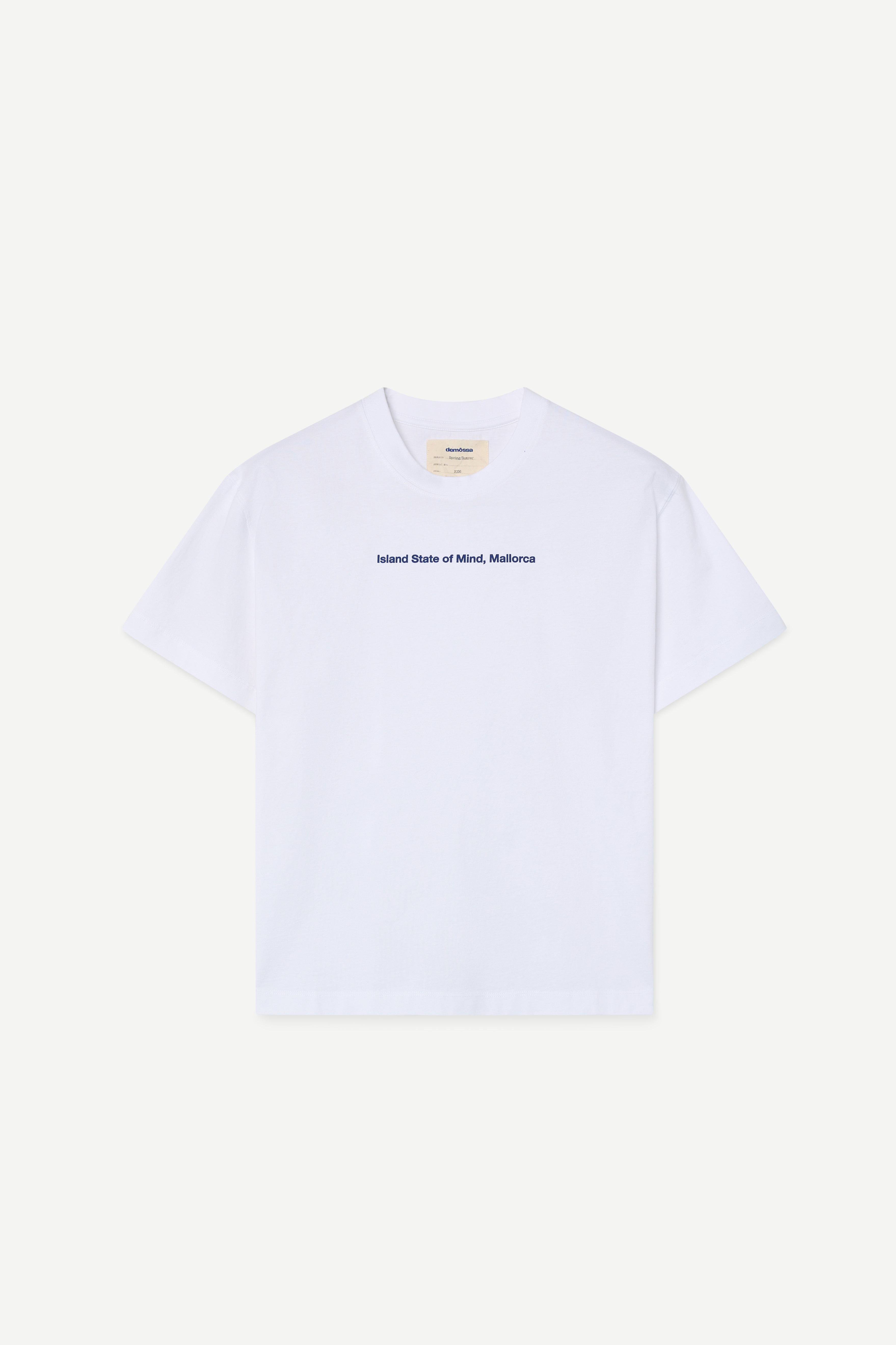 front view of a regular fit short-sleeved t-shirt with blue print "Island State of Mind, Mallorca" on the chest