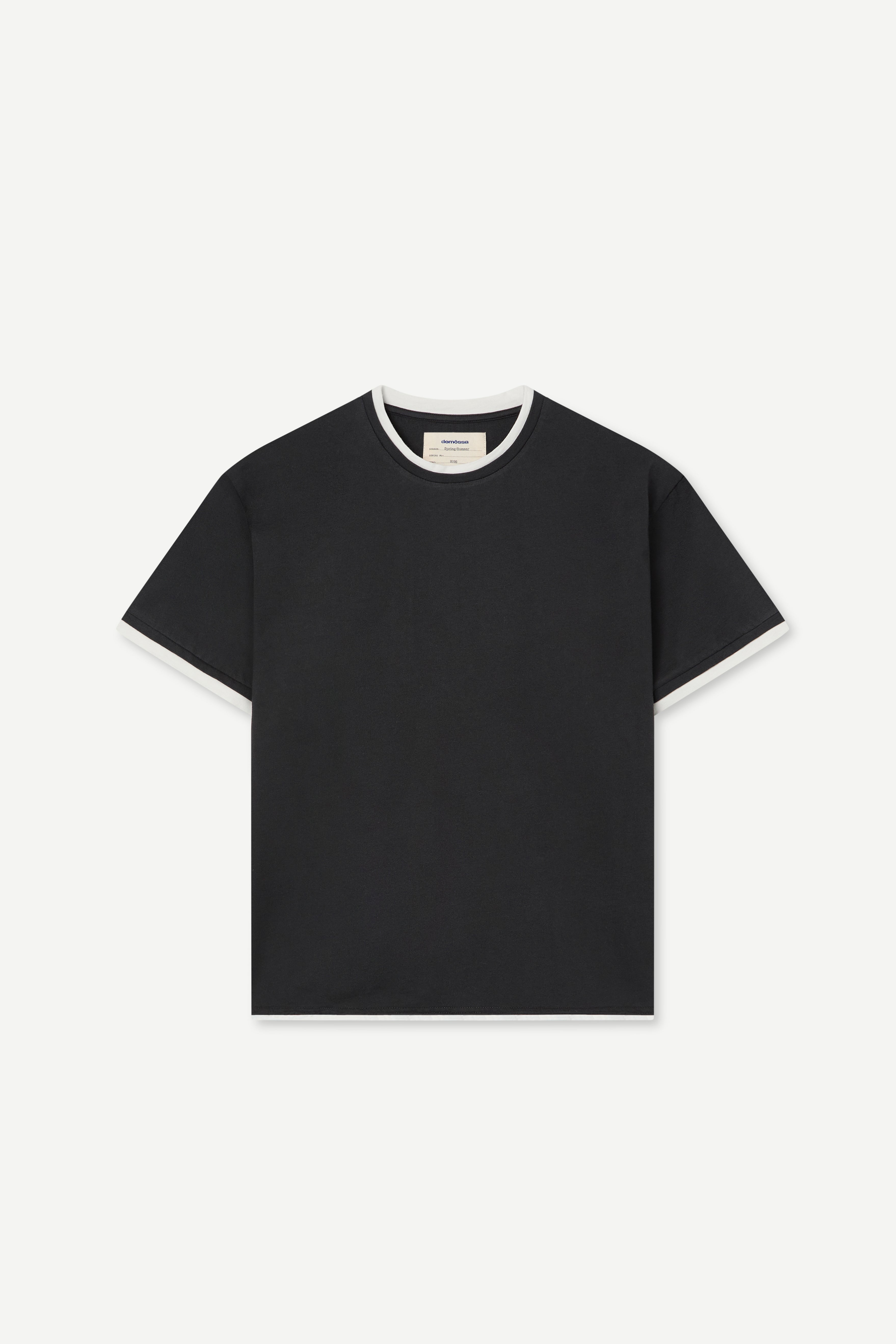 front view of a regular fit black short-sleeved t-shirt with white double-layered neckline, sleeves and hem