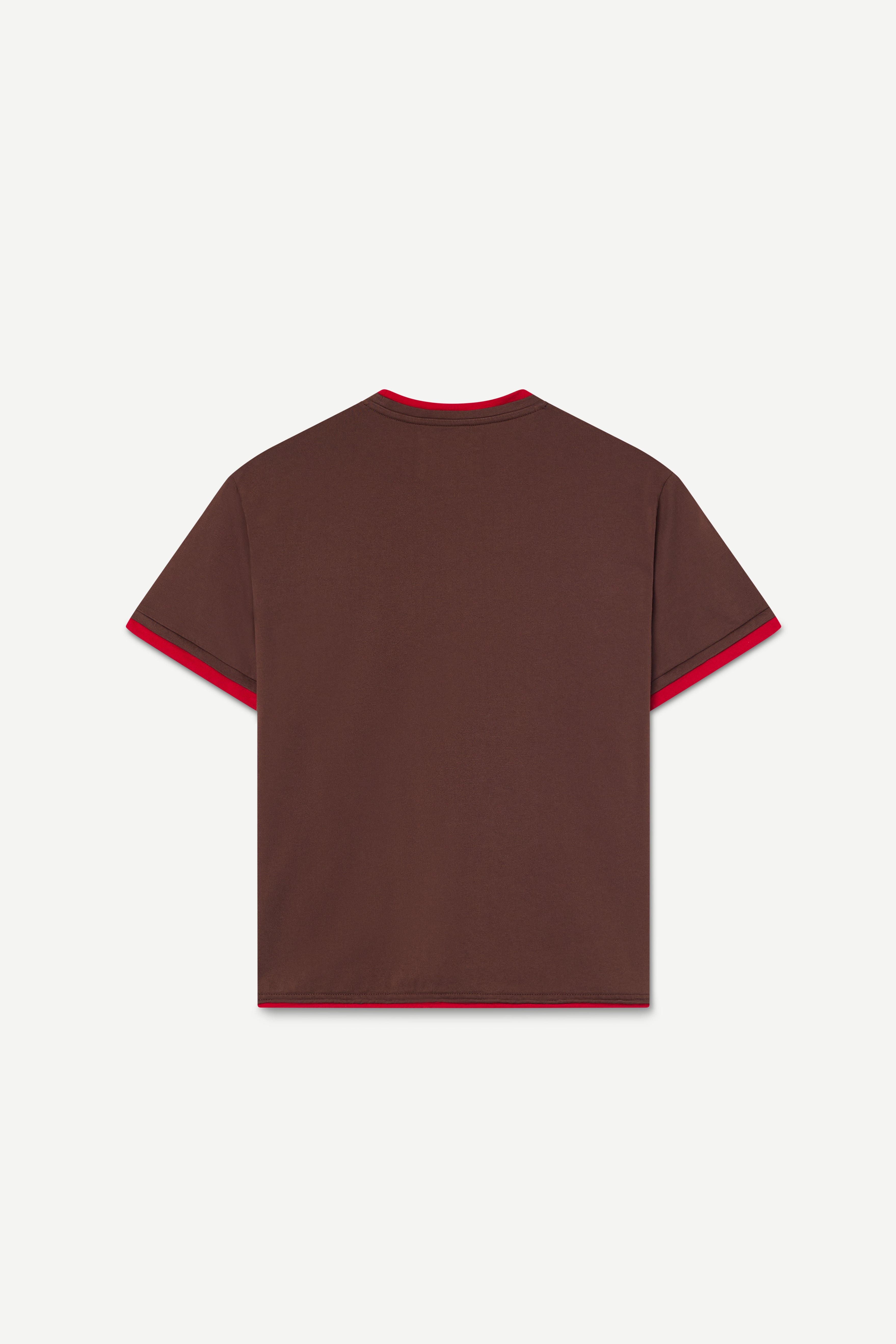 back view of a regular fit brown short-sleeved t-shirt